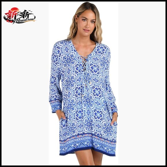 Rayon Tunic Swimsuit Cover Up with Lace-Up Front and Pockets